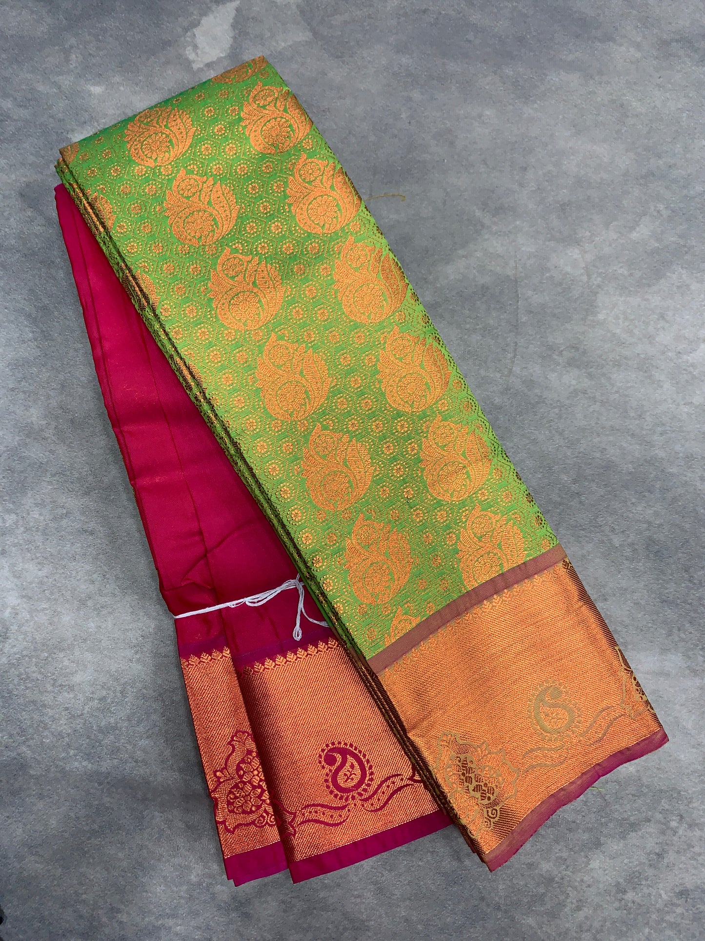 Vegan Silk Saree Apple Green Colour with Pink and Copper Border