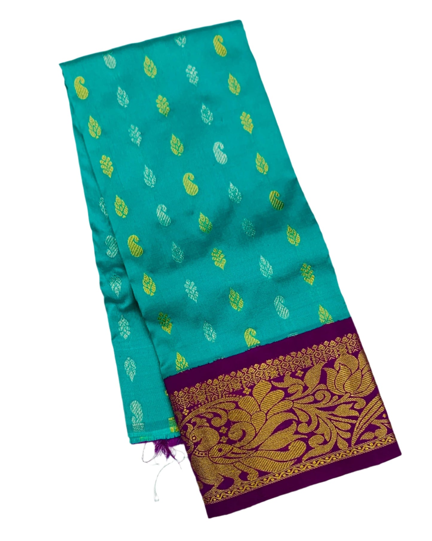 Sapphire shade Pure kanchipuram Kids Pattu Pavadai with contrast border for newborn to 2 Years