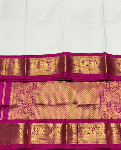 Pure Kanchipuram Silk Saree White Colour with Pink Colour Border