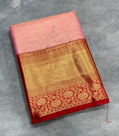 Fancy Tissue Saree Baby Pink Colour with Red Colour Floral Design Border