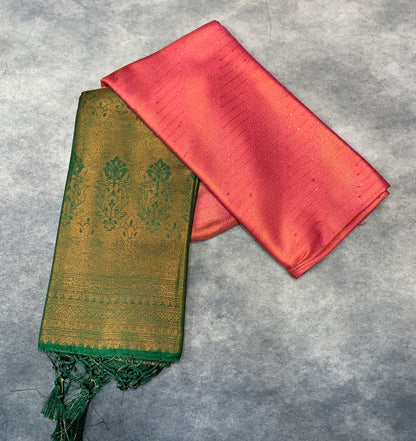 Soft Silk Saree Light Pink Colour and Stone Work with Green Colour Pallu