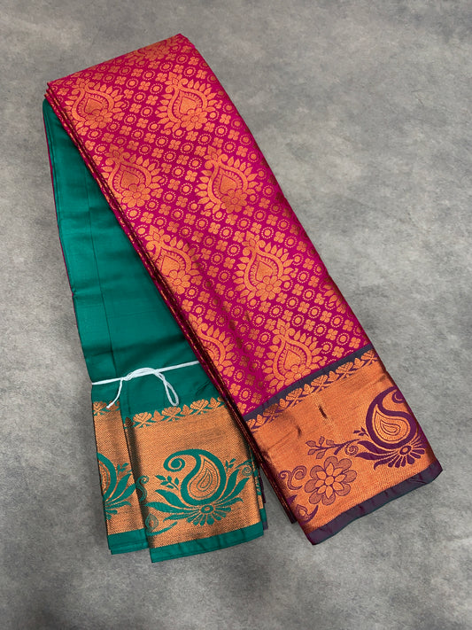 Vegan Silk Saree Pink Colour with Light Green and Copper Border