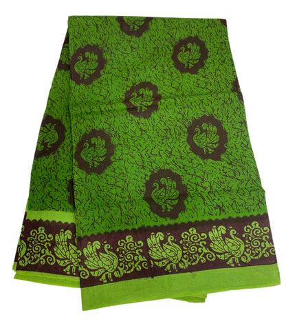 Chettinad Sungudi Cotton Parrot Green Colour with Brown Border