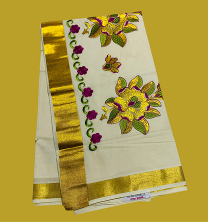 Kerala Cotton Saree Cream Colour with Floral Work Design