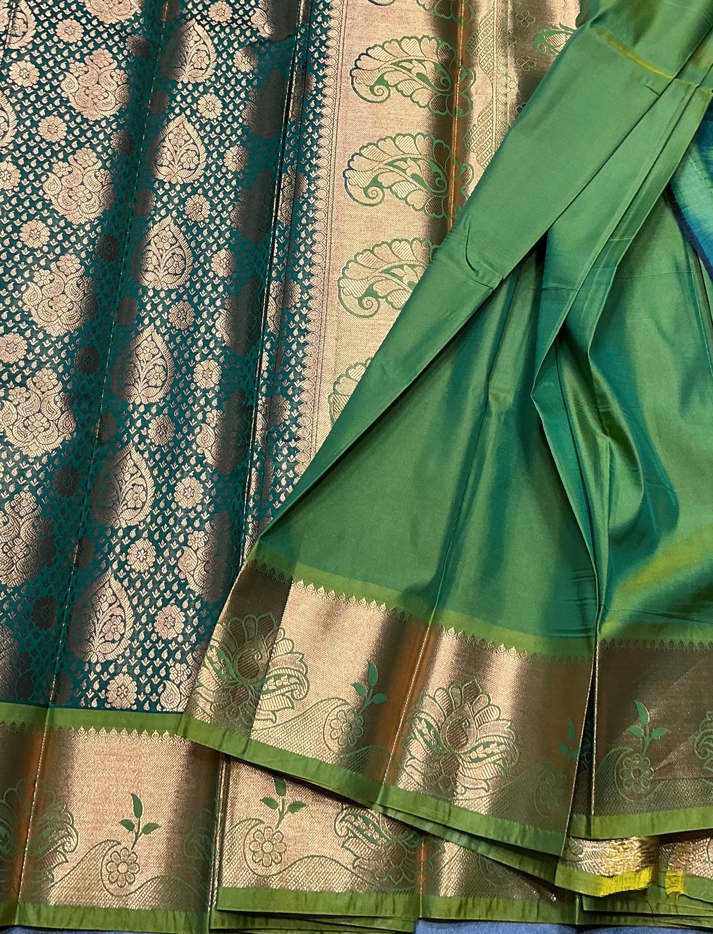 Vegan Silk Saree Light Green Colour with Copper and Olive Green Border