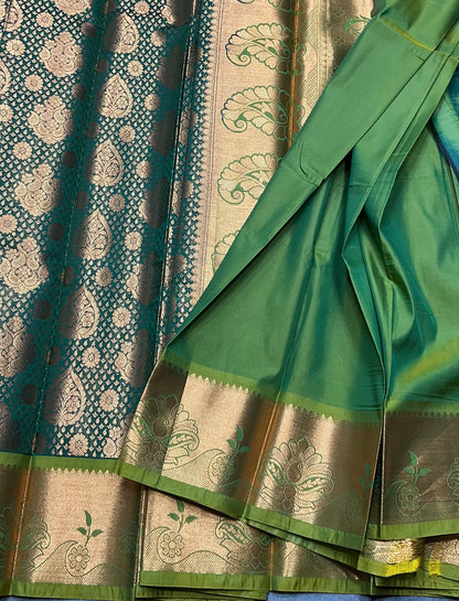 Vegan Silk Saree Light Green Colour with Copper and Olive Green Border