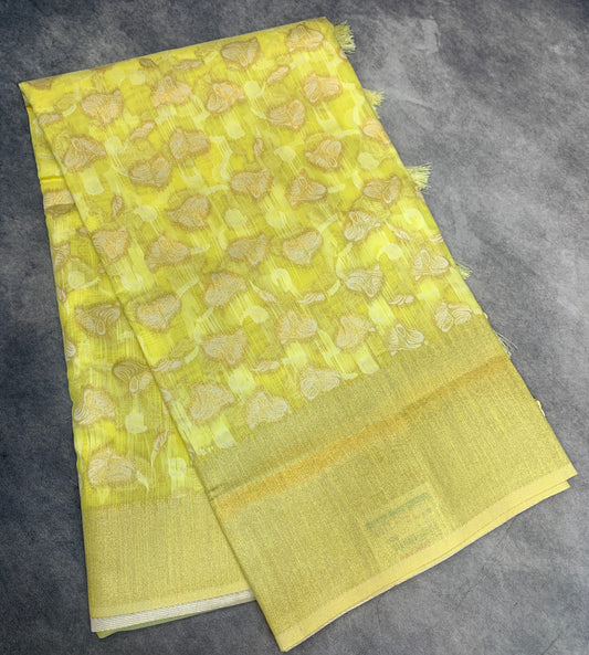 Banaras Katan Saree Yellow Colour with Katan Work Border