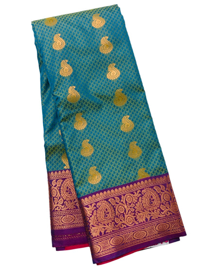 Vegan Silk Saree Patel Green shade with Purple Border and Mango Design