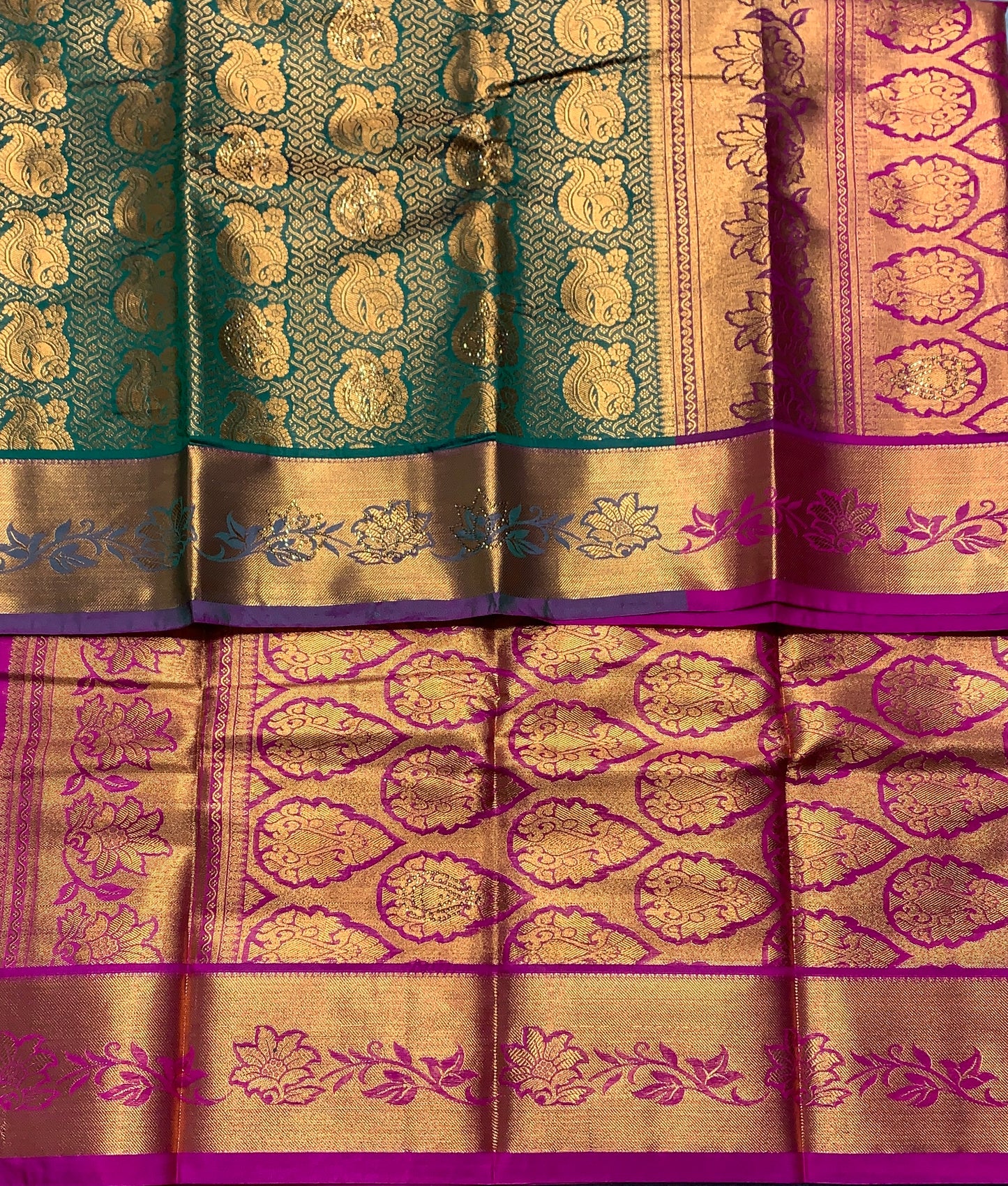 Vegan Silk Saree Green Colour with Copper and Magenta Border