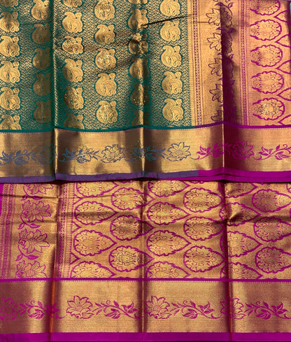 Vegan Silk Saree Green Colour with Copper and Magenta Border