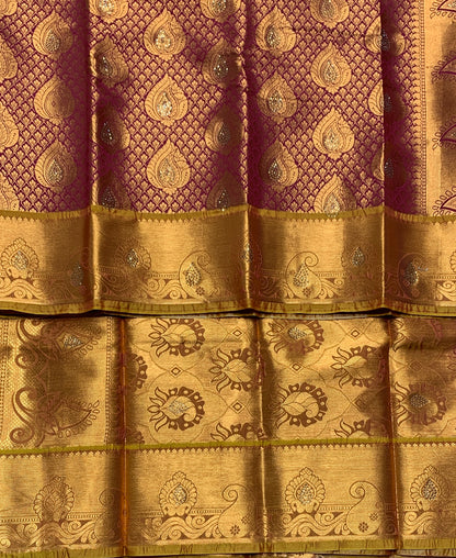 Vegan Silk Saree Maroon Colour with Copper and Golden Yellow Border