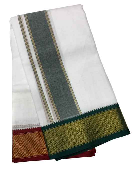 10X6 Cotton Dhoti White Colour with Large Green and Maroon Border