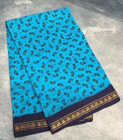 Chettinad Sungudi Cotton Sky Blue Colour with Navy Blue Colour Border