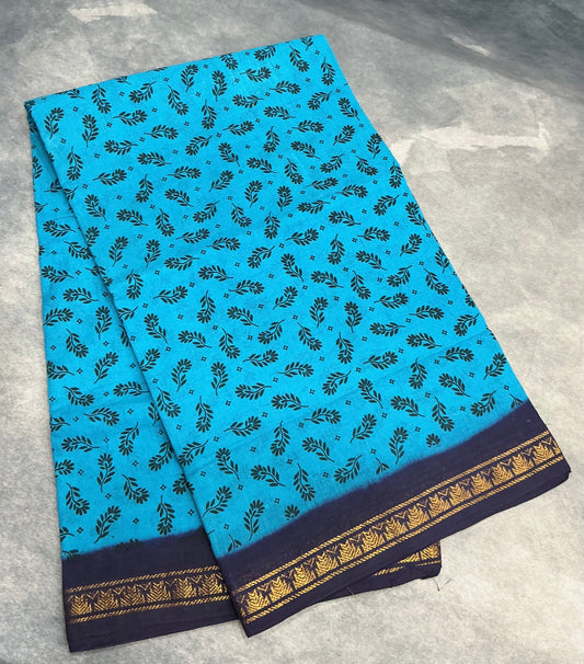 Chettinad Sungudi Cotton Sky Blue Colour with Navy Blue Colour Border