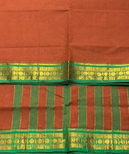 Chettinad Cotton Saree Brown Colour with Light Green Colour with Zari Work Border