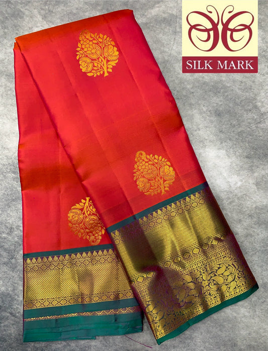 Pure Kanchipuram Silk Saree Neon Peach Colour with Rama Blue Border