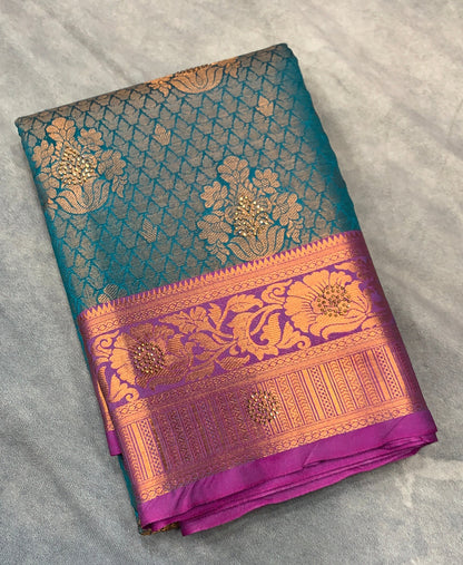 Art Silk Saree Peacock Green Shade with Magenta Border