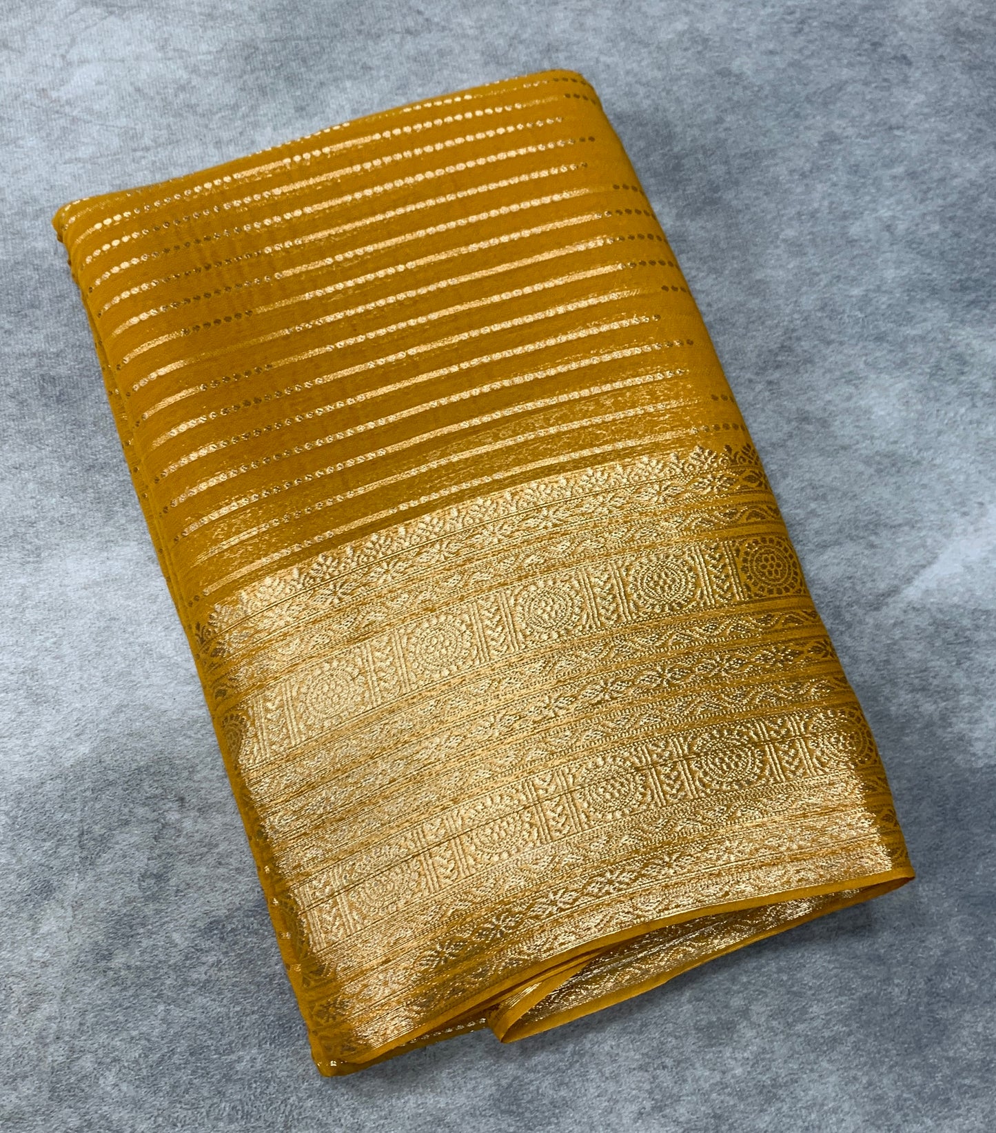 Georgette Saree Mustard Colour with Sliver Floral Design Border