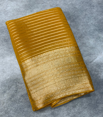 Georgette Saree Mustard Colour with Sliver Floral Design Border