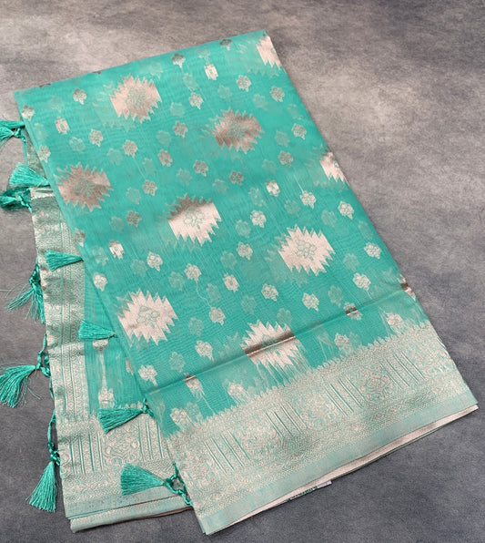 Banaras Katan Saree Sapphire Colour with Katan Work Border