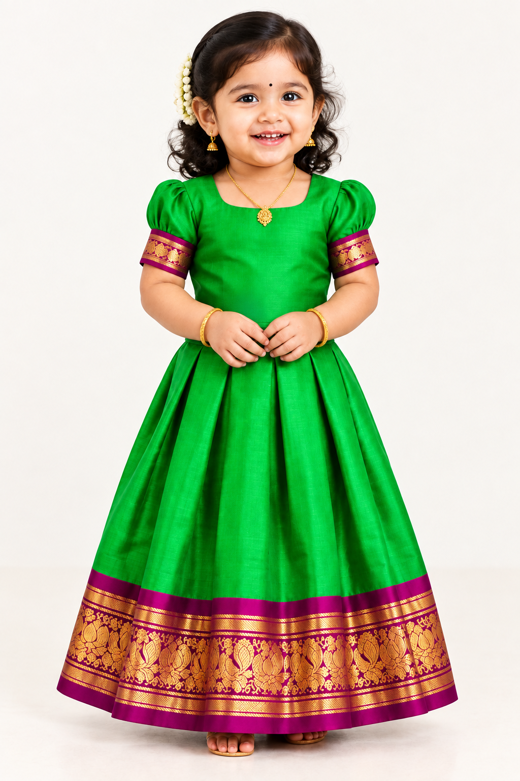 Light Green Shade Pure Kanchipuram Kids Pattu Pavadai with Contrast Border for age 2 to 5