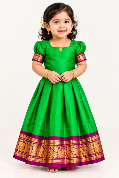 Light Green Shade Pure Kanchipuram Kids Pattu Pavadai with Contrast Border for age 2 to 5
