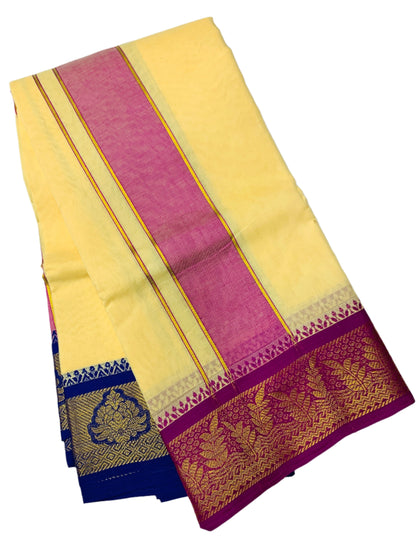 9X5 Cotton Dhoti Light Yellow Colour with Pink and Blue Border