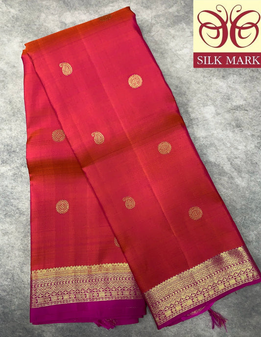 Pure Kanchipuram Silk Saree Pinkish Peach Colour with Golden Pink Border