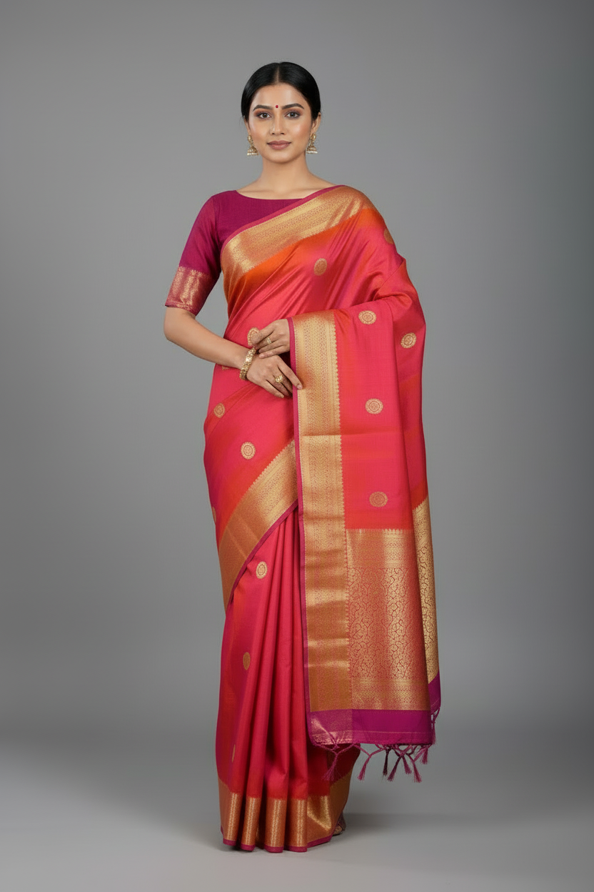 Pure Kanchipuram Silk Saree Pinkish Peach Colour with Golden Pink Border