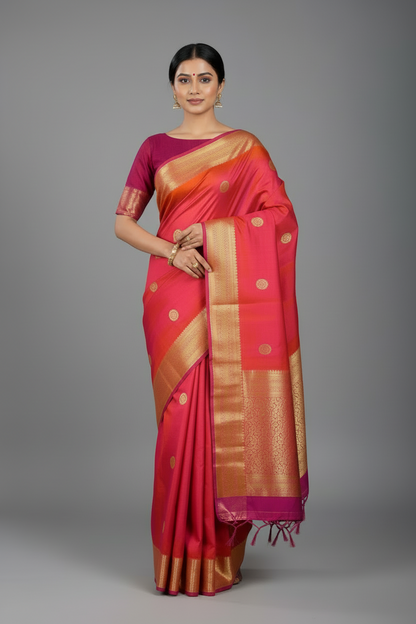 Pure Kanchipuram Silk Saree Pinkish Peach Colour with Golden Pink Border
