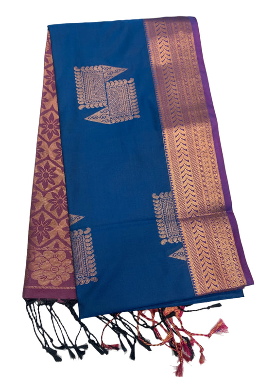 Soft Vegan Silk Saree Blue Colour with Copper Border