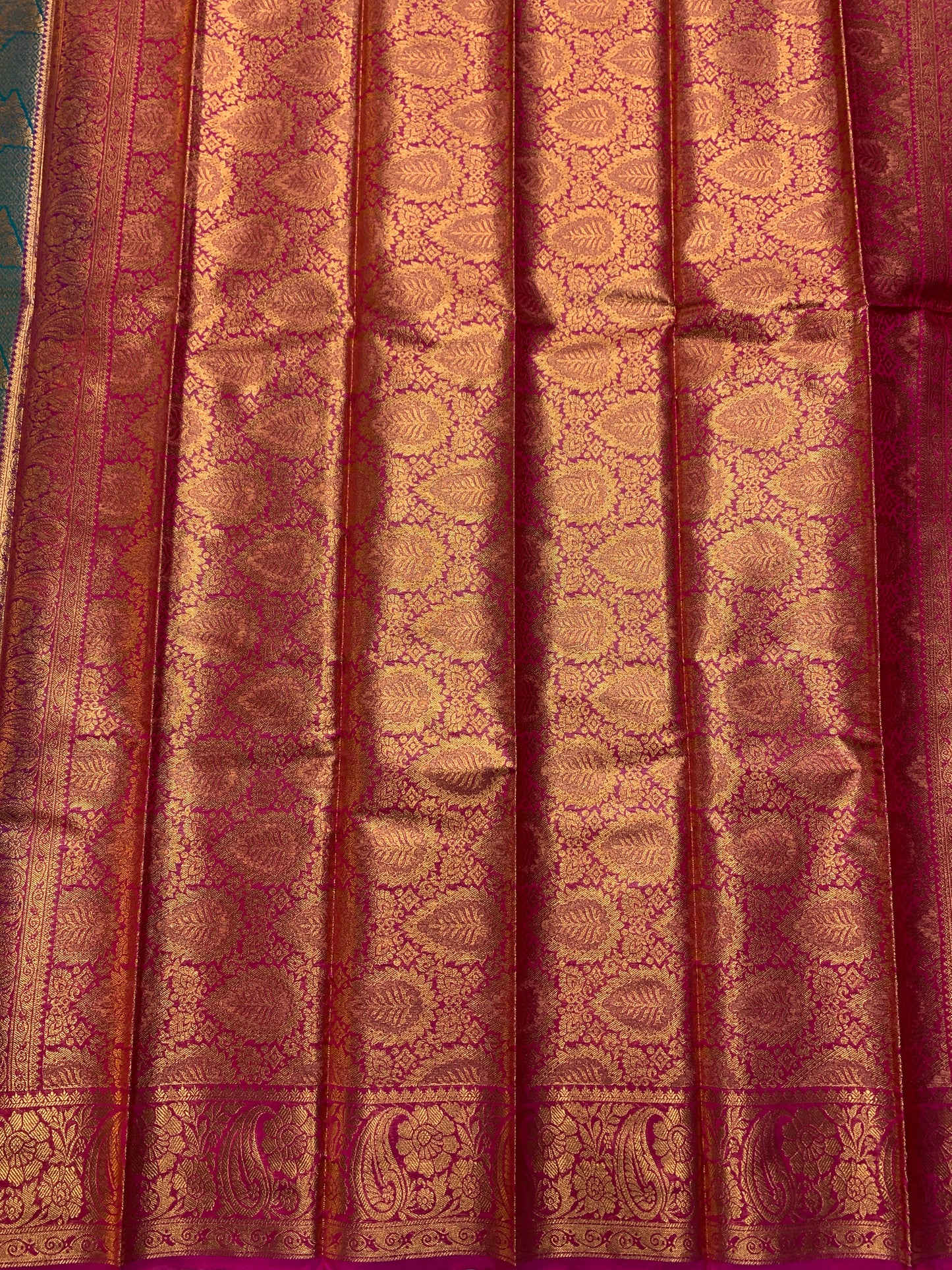 Vegan Silk Saree Rama Green Colour with Copper and Magenta Border