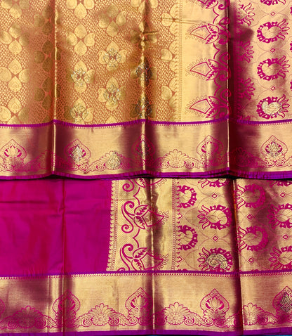 Vegan Silk Saree Mango Yellow Colour with Copper and Pink Border