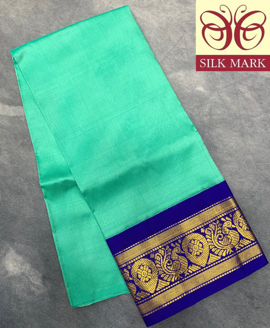 Sapphire Shade Pure Kanchipuram Kids Pattu Pavadai with Contrast Border for Newborn to 2 Years