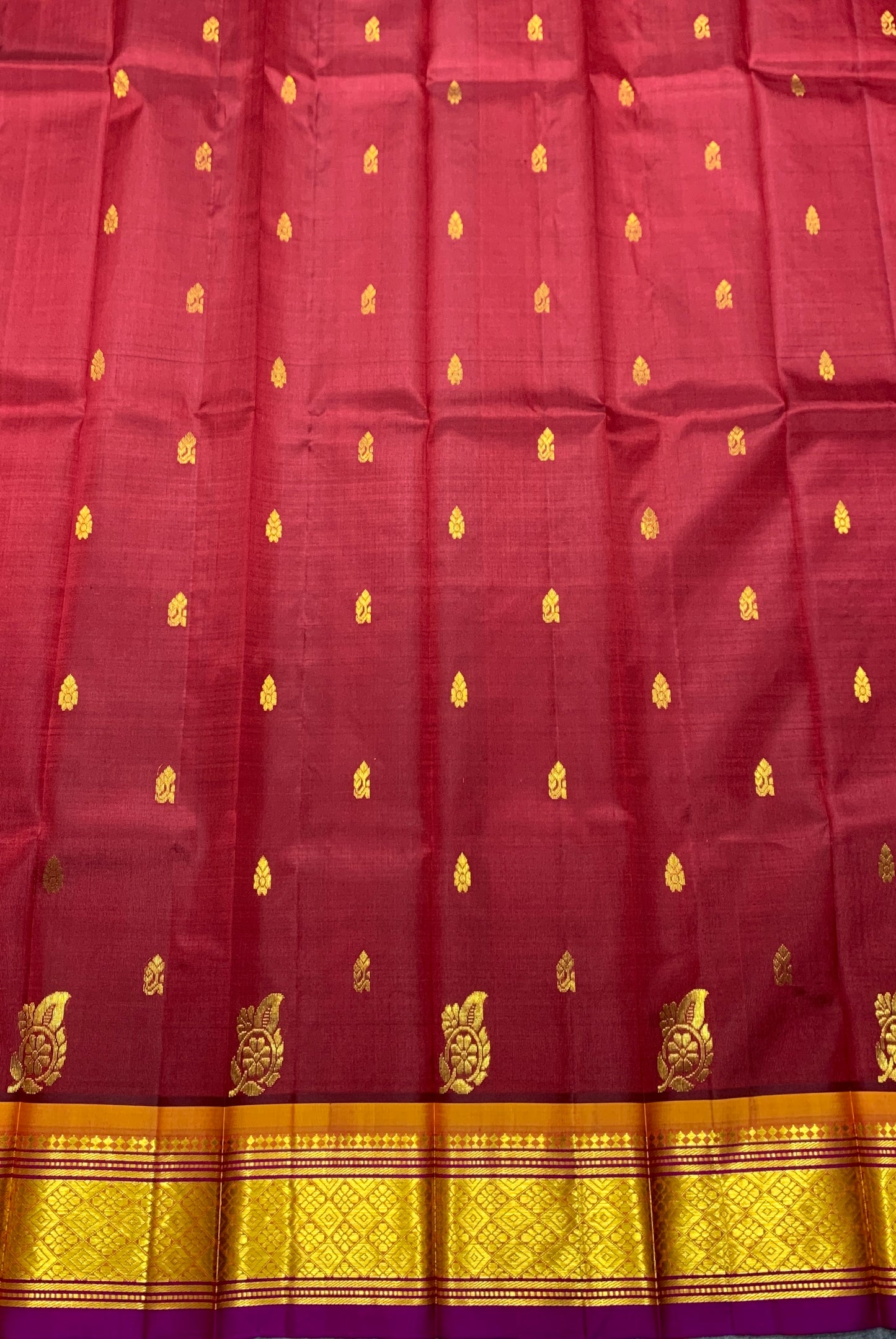 Pure Kanchipuram Silk Saree Maroon Colour with Purple and Gold Zari Border