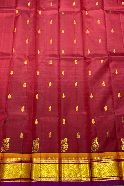 Pure Kanchipuram Silk Saree Maroon Colour with Purple and Gold Zari Border