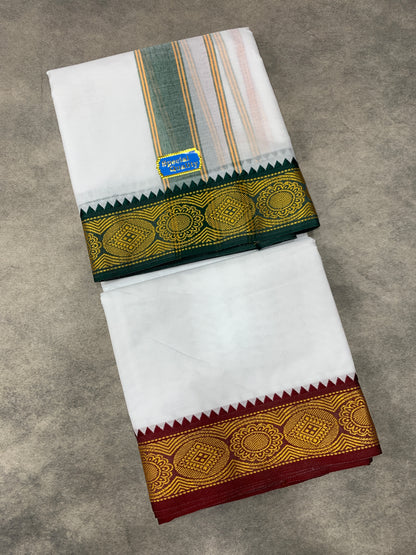 9X5 Cotton Dhoti White Colour with Green and Brown Border with Angavastarm