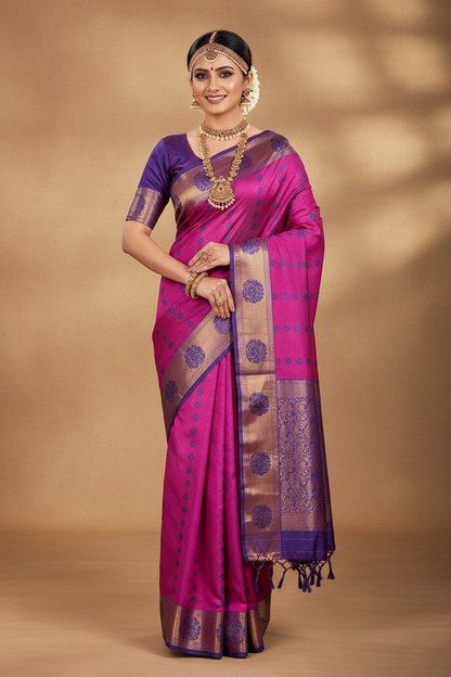 Purple Colour silk cotton Saree with Blue Border