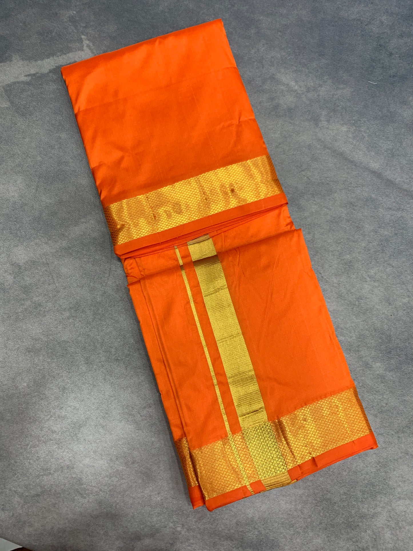 9X5 Pure Silk Dhoti Golden Orange with Large Golden Zari Border