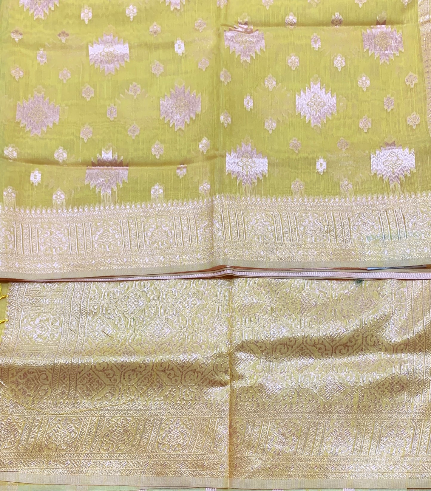 Banaras Katan Saree Yellow Colour with Katan Work Border