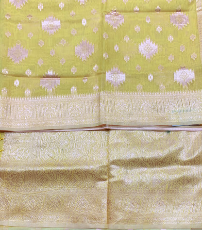 Banaras Katan Saree Yellow Colour with Katan Work Border