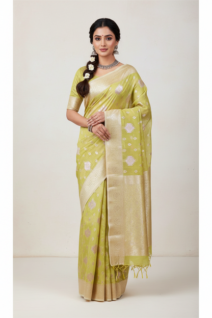 Banaras Katan Saree Yellow Colour with Katan Work Border