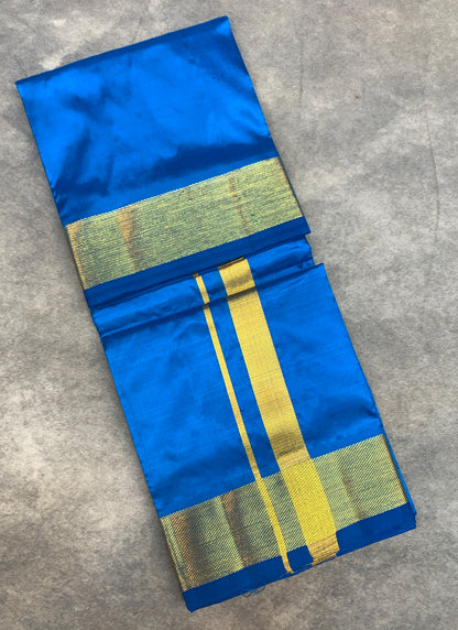 4 Mulam Silk Pooja Towel Sky Blue Colour with Zari Border