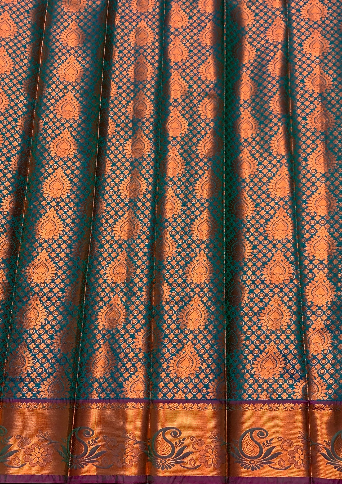 Vegan Silk Saree Peacock Green Colour with Pink and Copper Border