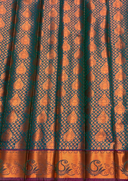 Vegan Silk Saree Peacock Green Colour with Pink and Copper Border