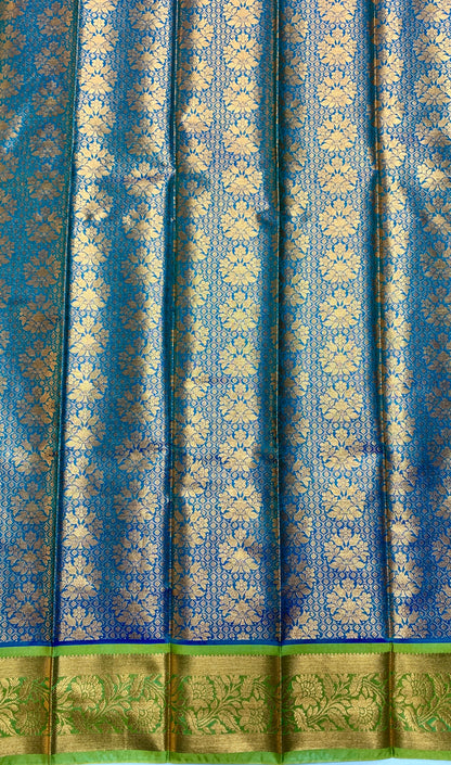 Vegan Silk Saree Rama Blue Colour with Copper and Light Green Border