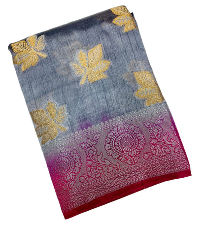 Tussar Saree Gray Colour with Pink Border