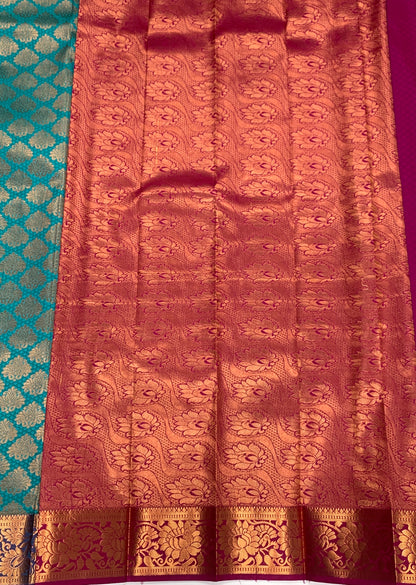 Vegan Silk Saree Sky Blue Colour with Copper and Blue Border