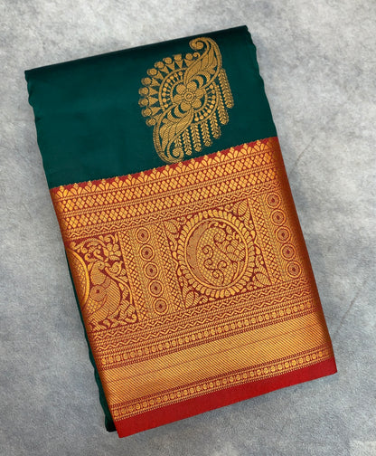 Soft Silk Casual Saree Green Colour with Red and Golden Colour Border