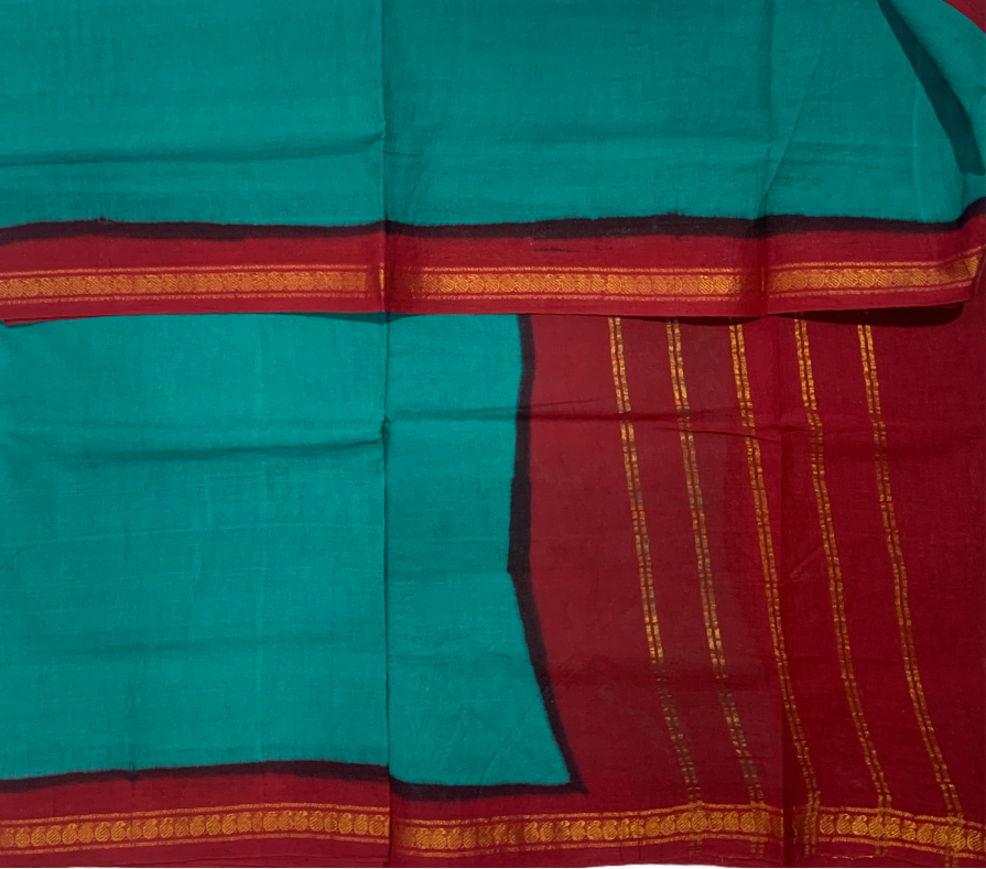 9 yards Cotton Saree Rama Green Colour with Red Border